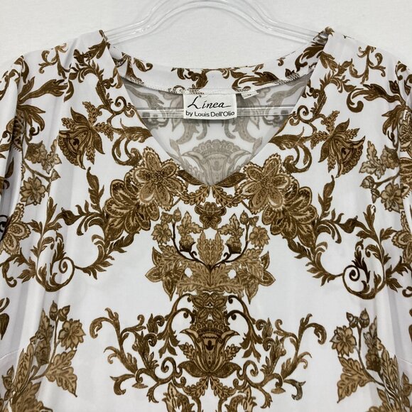 Linea by Louis Dell'Olio size 1X Brown White Damask Stretch Knit 3/4 Sleeve Top - Picture 3 of 8